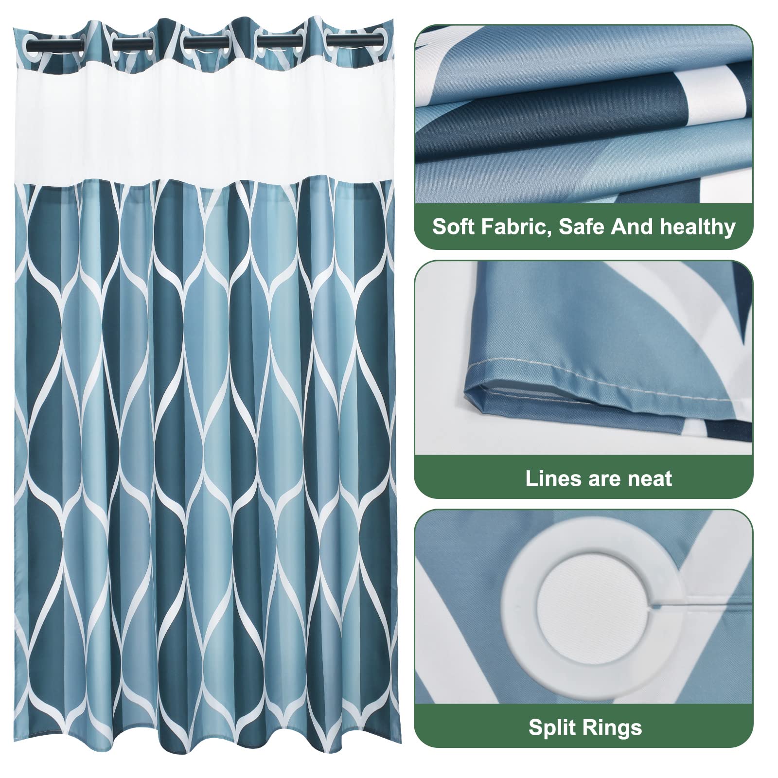 Yiatn No Hook Aegean Blue Shower Curtain With Snap In Fabric Liner Set - Hotel Style With See Through Mesh Top Window, Modern Ge